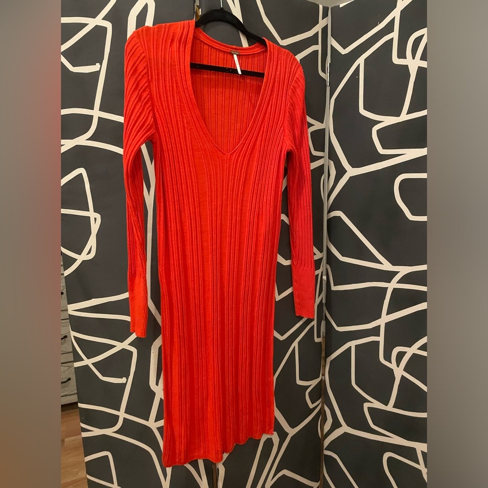 Free people red sweater dress over leggings pull over v neck sweater